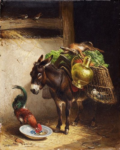 Donkey and Rooster in the Stable by Henriëtte Ronner Knip